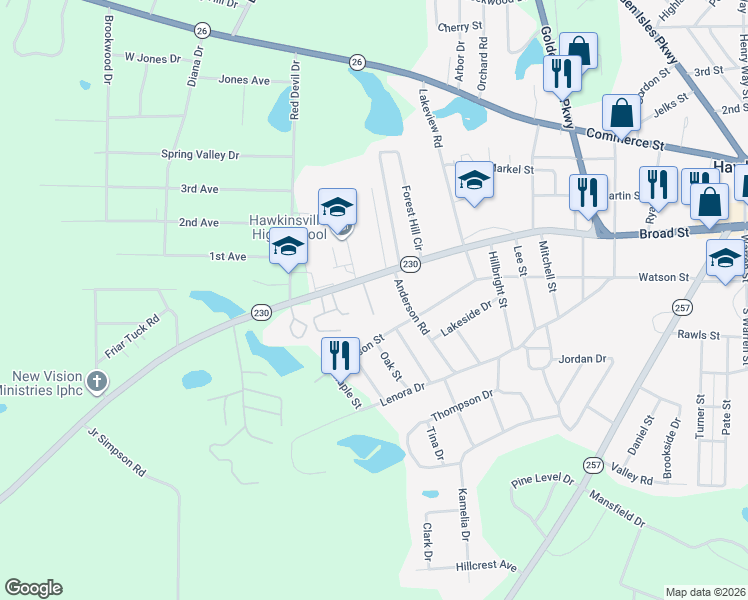 map of restaurants, bars, coffee shops, grocery stores, and more near 347 Broad Street in Hawkinsville