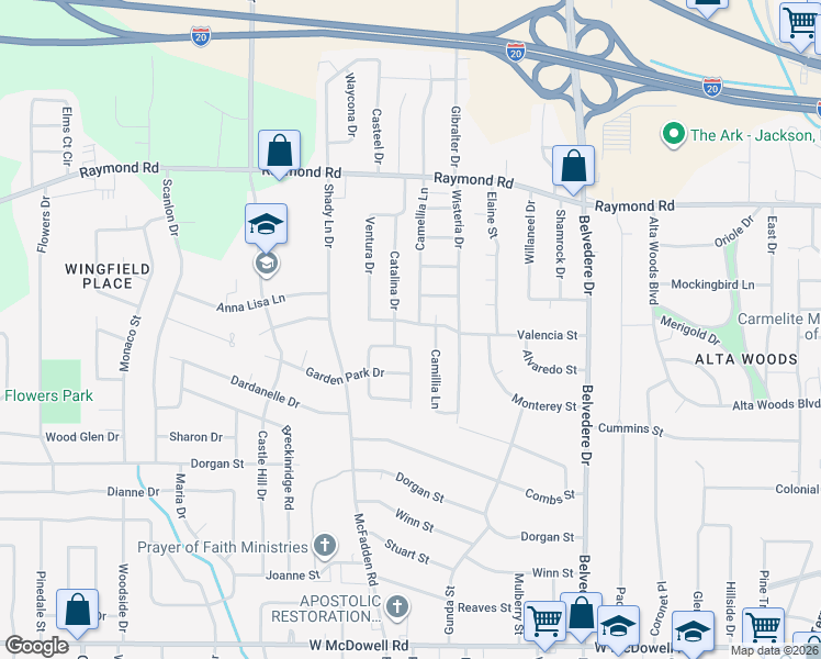 map of restaurants, bars, coffee shops, grocery stores, and more near 358 Catalina Circle in Jackson
