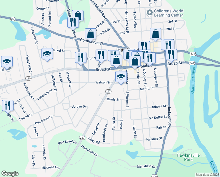 map of restaurants, bars, coffee shops, grocery stores, and more near Georgia 27 in Hawkinsville
