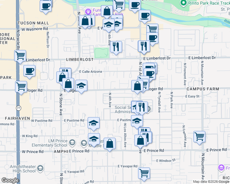 map of restaurants, bars, coffee shops, grocery stores, and more near 433 East McMillan Drive in Tucson