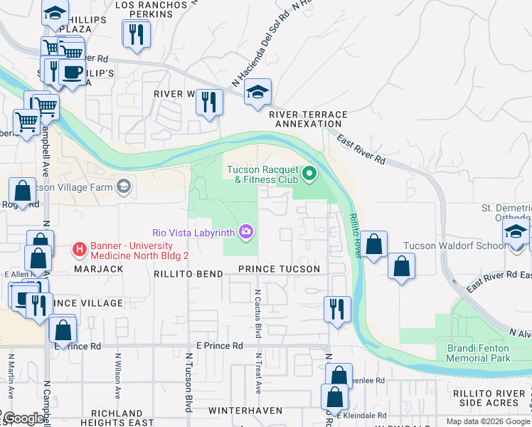 map of restaurants, bars, coffee shops, grocery stores, and more near 3920 North Cactus Boulevard in Tucson