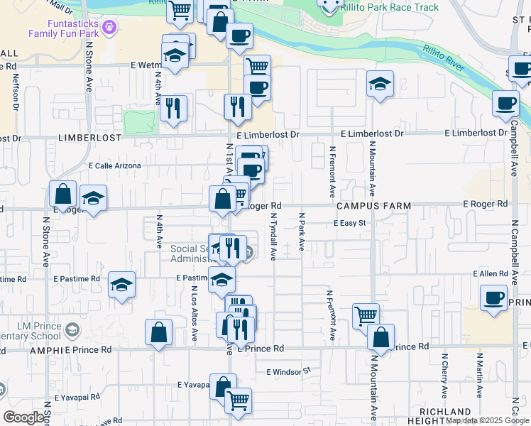 map of restaurants, bars, coffee shops, grocery stores, and more near 741 East McMillan Drive in Tucson