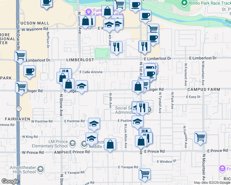 map of restaurants, bars, coffee shops, grocery stores, and more near 433 East McMillan Drive in Tucson