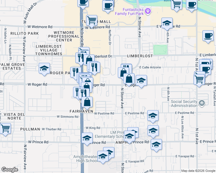map of restaurants, bars, coffee shops, grocery stores, and more near 215 West Roger Road in Tucson
