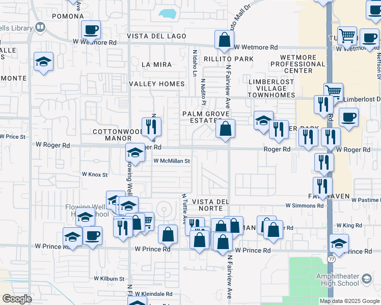 map of restaurants, bars, coffee shops, grocery stores, and more near 3942 North Palm Grove Drive in Tucson