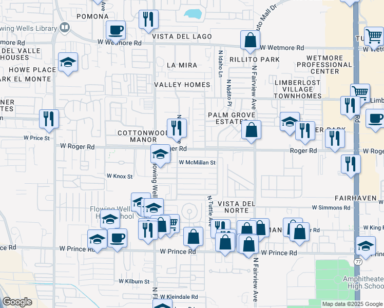 map of restaurants, bars, coffee shops, grocery stores, and more near 1272 West McMillan Street in Tucson