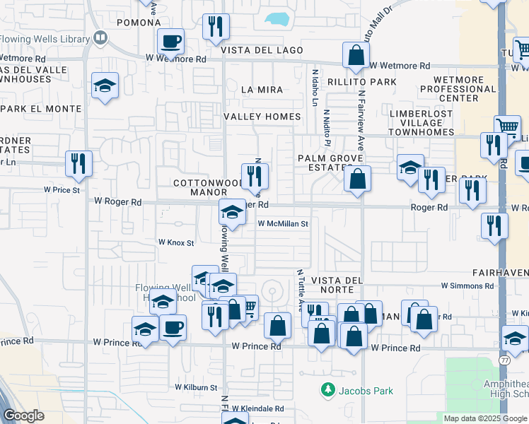 map of restaurants, bars, coffee shops, grocery stores, and more near 1272 West McMillan Street in Tucson