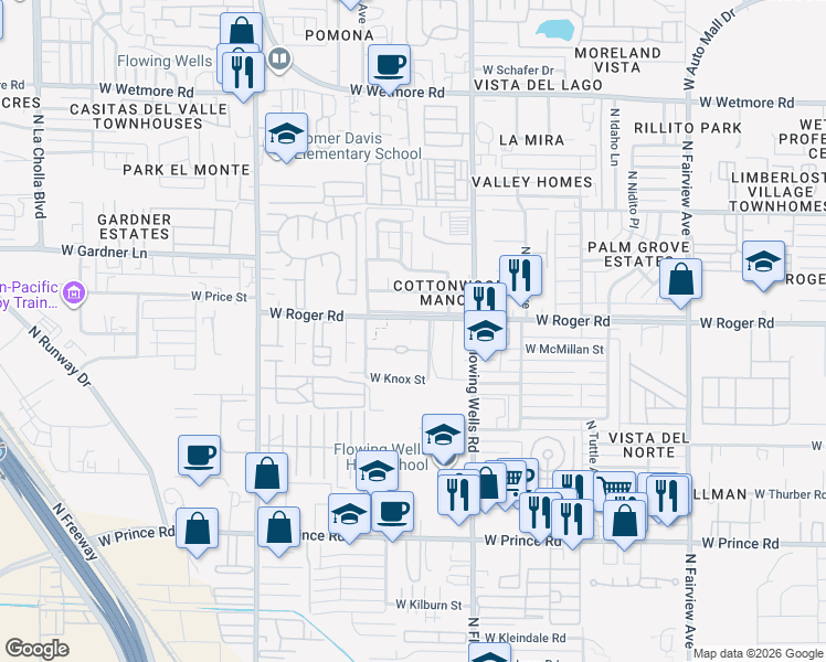 map of restaurants, bars, coffee shops, grocery stores, and more near 3952 Lawson Lane in Tucson
