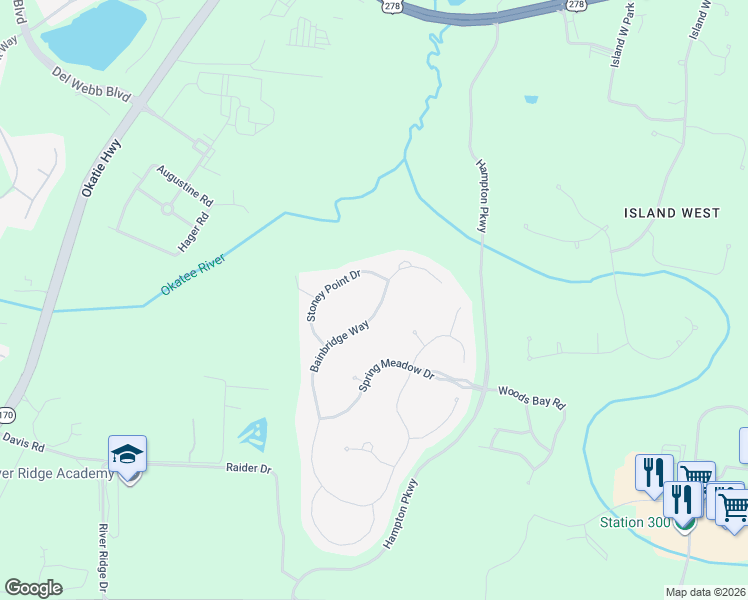 map of restaurants, bars, coffee shops, grocery stores, and more near 121 Bainbridge Way in Bluffton