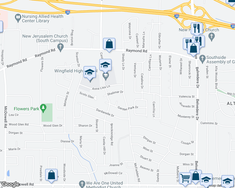 map of restaurants, bars, coffee shops, grocery stores, and more near 1123 Shalimar Drive in Jackson