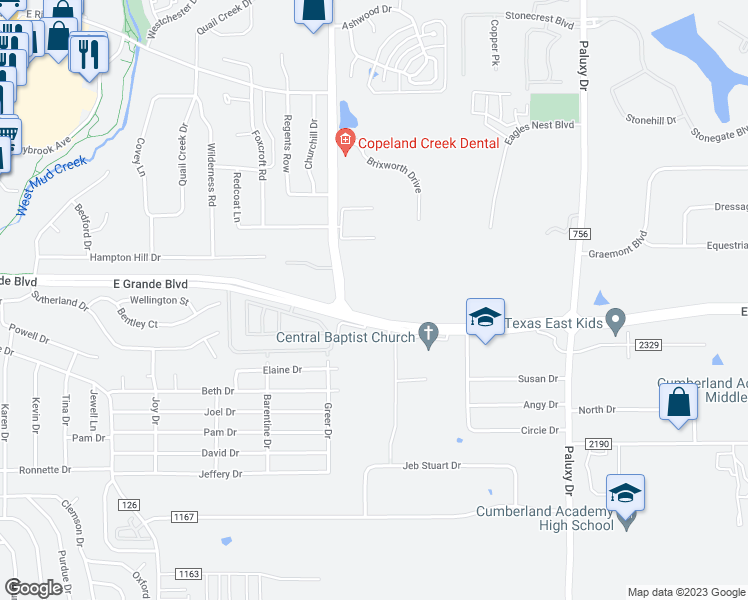 map of restaurants, bars, coffee shops, grocery stores, and more near 1136 East Grande Boulevard in Tyler