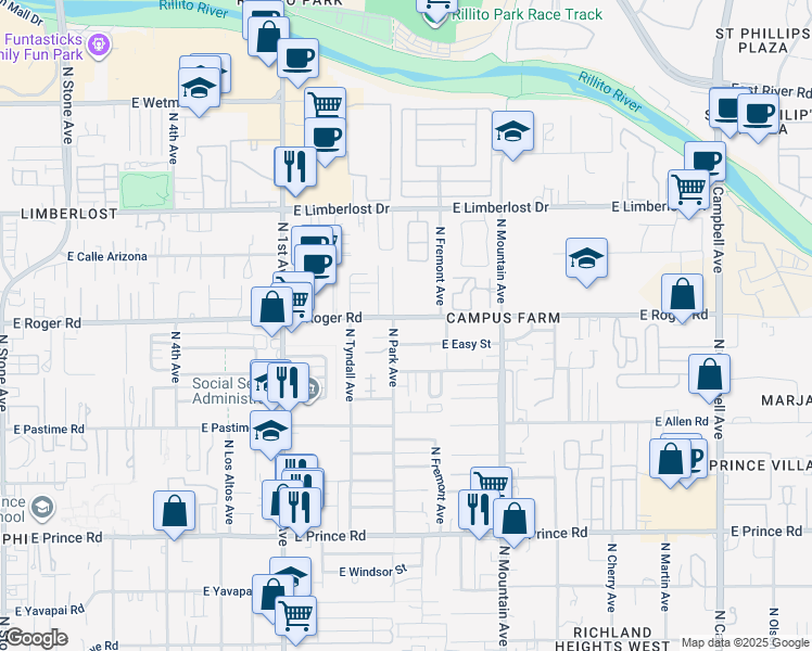 map of restaurants, bars, coffee shops, grocery stores, and more near 3918 North Park Avenue in Tucson