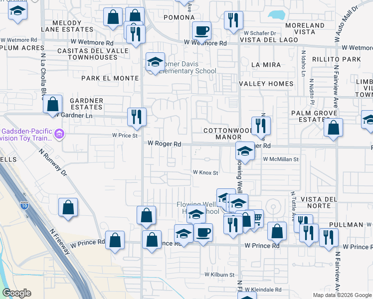 map of restaurants, bars, coffee shops, grocery stores, and more near 3925 North Midge Lane in Tucson