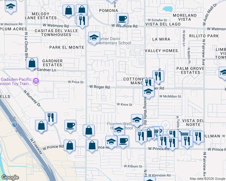 map of restaurants, bars, coffee shops, grocery stores, and more near 3925 North Midge Lane in Tucson