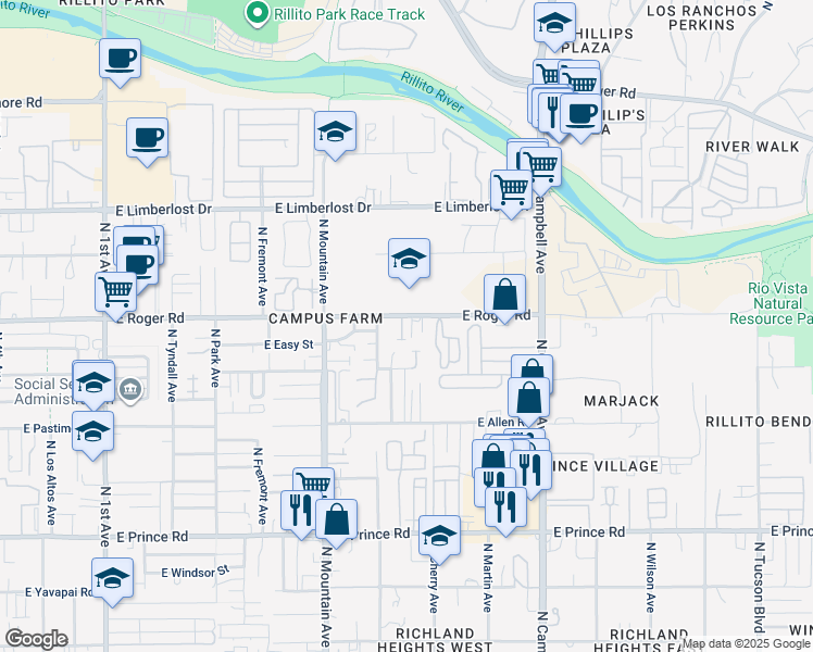 map of restaurants, bars, coffee shops, grocery stores, and more near 3937 Placita La Vina in Tucson