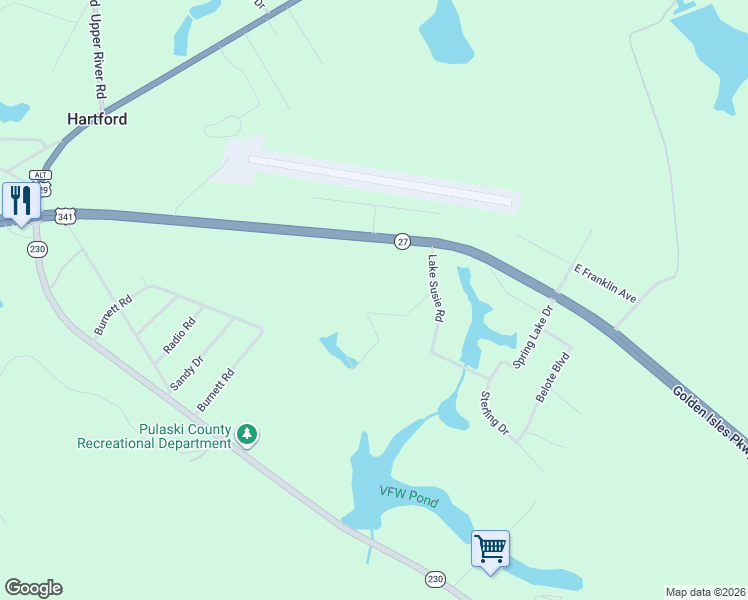 map of restaurants, bars, coffee shops, grocery stores, and more near 268 Eastman Highway in Hawkinsville