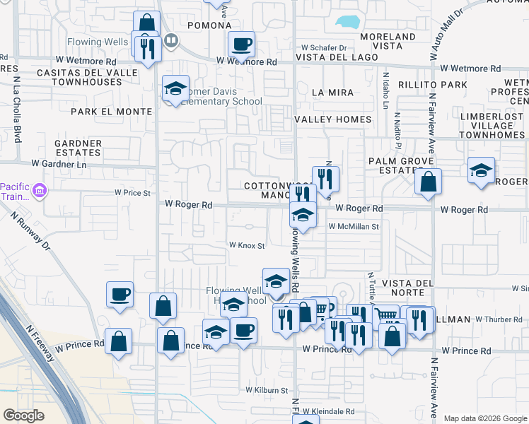 map of restaurants, bars, coffee shops, grocery stores, and more near 3952 Lawson Lane in Tucson