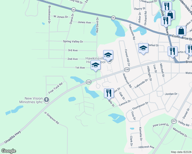 map of restaurants, bars, coffee shops, grocery stores, and more near 8 Red Devil Drive in Hawkinsville