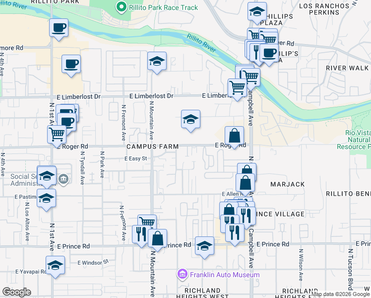 map of restaurants, bars, coffee shops, grocery stores, and more near 3937 Placita La Vina in Tucson