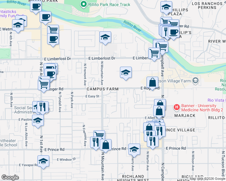 map of restaurants, bars, coffee shops, grocery stores, and more near 3919 North Vine Avenue in Tucson