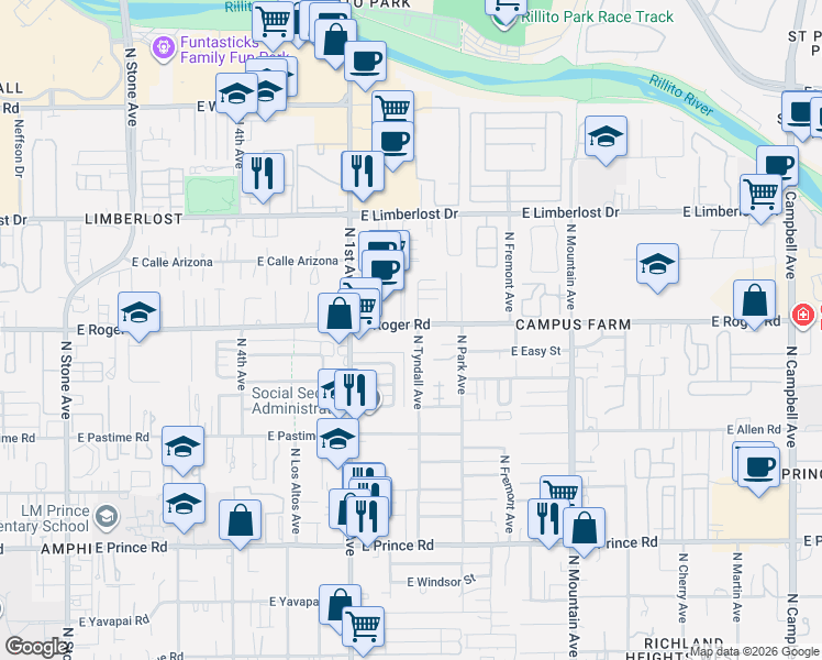 map of restaurants, bars, coffee shops, grocery stores, and more near 3946 North Tyndall Avenue in Tucson