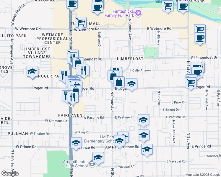 map of restaurants, bars, coffee shops, grocery stores, and more near 137 West Roger Road in Tucson
