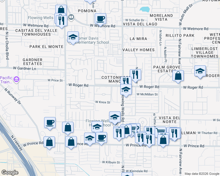 map of restaurants, bars, coffee shops, grocery stores, and more near 3952 Lawson Lane in Tucson