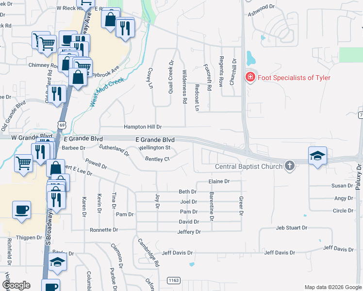 map of restaurants, bars, coffee shops, grocery stores, and more near 729 Bentley Court in Tyler