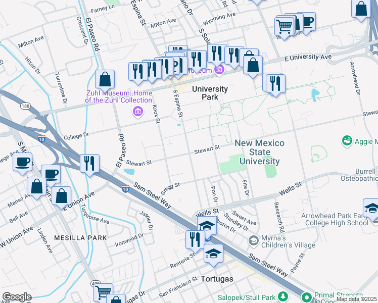 map of restaurants, bars, coffee shops, grocery stores, and more near 3190 South Espina Street in Las Cruces