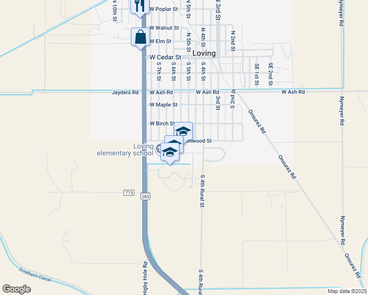 map of restaurants, bars, coffee shops, grocery stores, and more near 602 South 6th Street in Loving