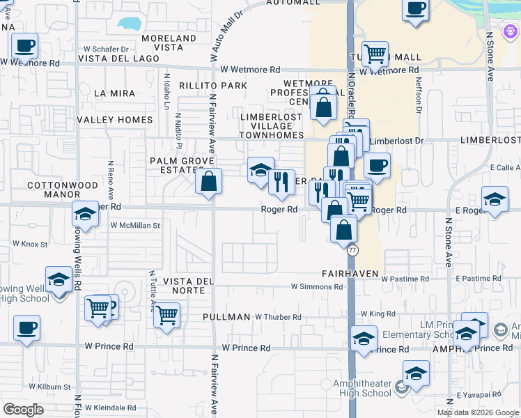 map of restaurants, bars, coffee shops, grocery stores, and more near 732 West Roger Road in Tucson