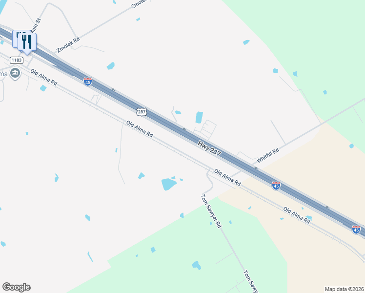 map of restaurants, bars, coffee shops, grocery stores, and more near 706 North Freeway Service Road in Ennis