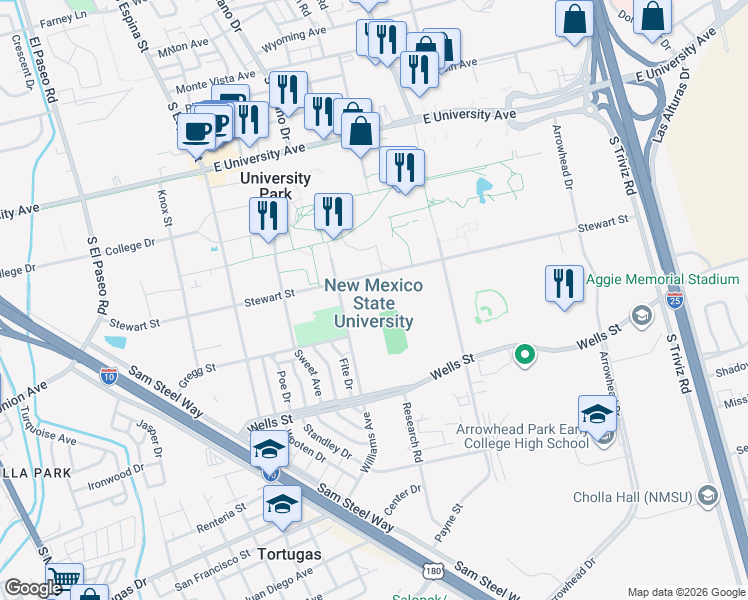 map of restaurants, bars, coffee shops, grocery stores, and more near 1780 East University Avenue in Las Cruces