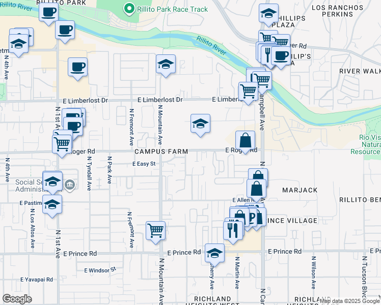 map of restaurants, bars, coffee shops, grocery stores, and more near 1450 East Roger Road in Tucson