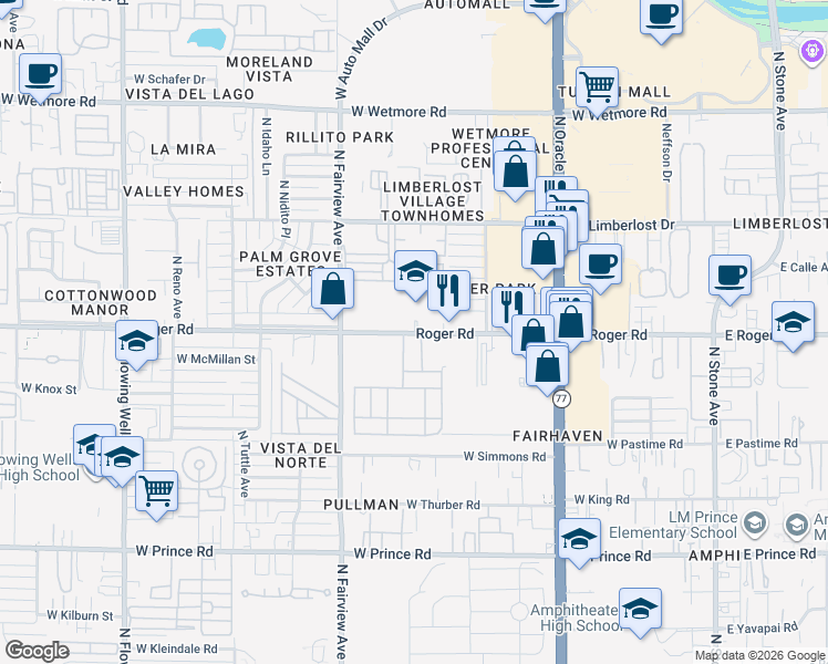 map of restaurants, bars, coffee shops, grocery stores, and more near 732 West Roger Road in Tucson