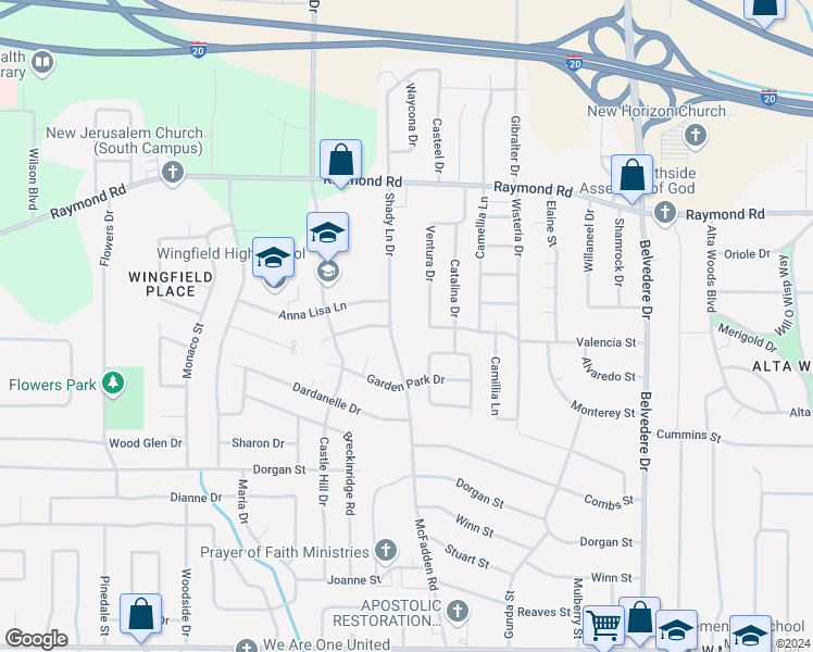 map of restaurants, bars, coffee shops, grocery stores, and more near 1994 Shady Lane Drive in Jackson