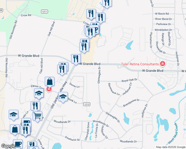 map of restaurants, bars, coffee shops, grocery stores, and more near 2104 Forbes Road in Tyler