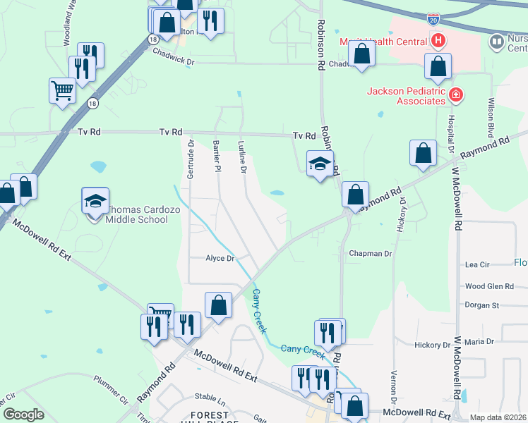 map of restaurants, bars, coffee shops, grocery stores, and more near 5120 Lurline Drive in Jackson