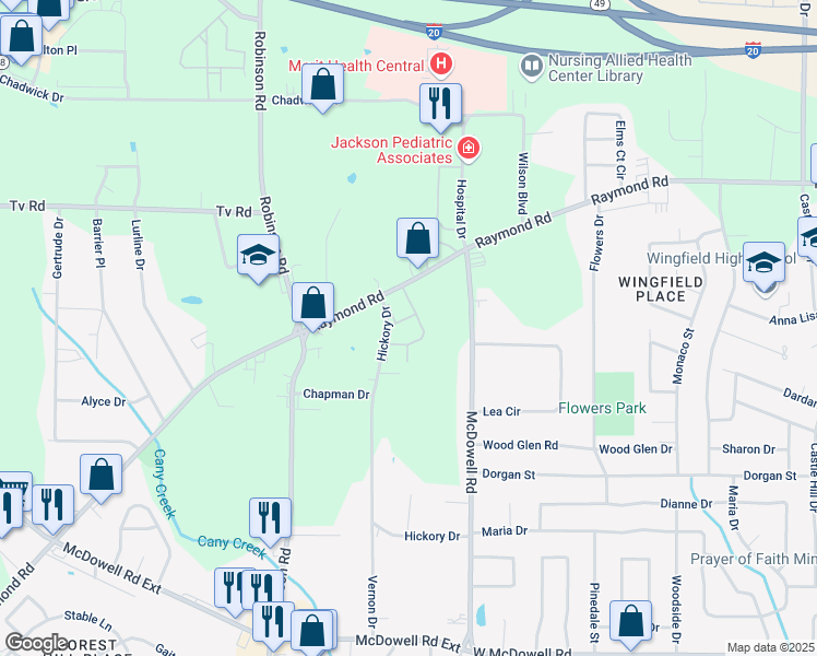 map of restaurants, bars, coffee shops, grocery stores, and more near 1533 Raymond Road in Jackson