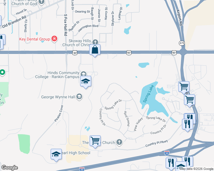 map of restaurants, bars, coffee shops, grocery stores, and more near 572 Springlake Drive in Pearl