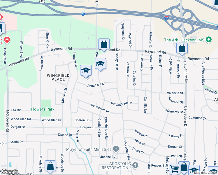 map of restaurants, bars, coffee shops, grocery stores, and more near 1131 Anna Lisa Lane in Jackson