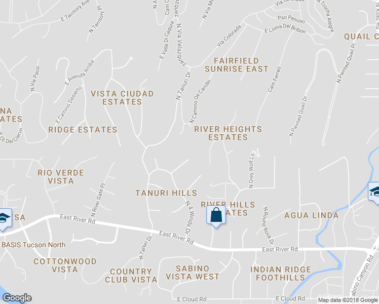 map of restaurants, bars, coffee shops, grocery stores, and more near 6491 East Sun Circle in Tucson