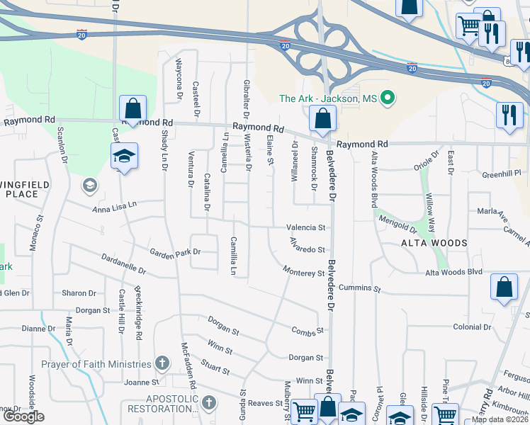 map of restaurants, bars, coffee shops, grocery stores, and more near 21 Valencia Court in Jackson