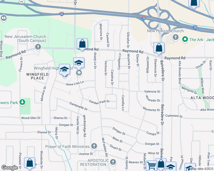 map of restaurants, bars, coffee shops, grocery stores, and more near 1964 Ventura Drive in Jackson