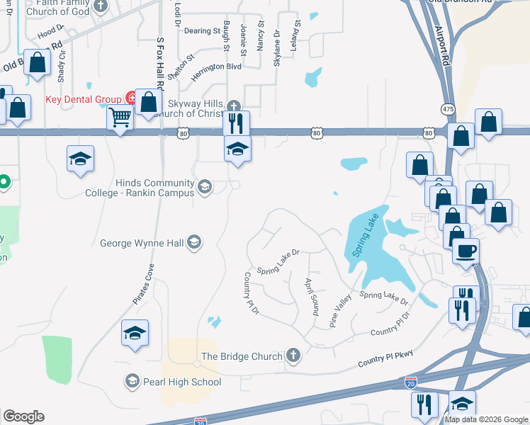 map of restaurants, bars, coffee shops, grocery stores, and more near 572 Springlake Drive in Pearl