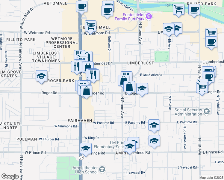 map of restaurants, bars, coffee shops, grocery stores, and more near 102 West Roger Road in Tucson