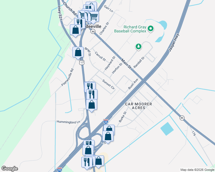map of restaurants, bars, coffee shops, grocery stores, and more near 111 Sunset Circle in Hardeeville