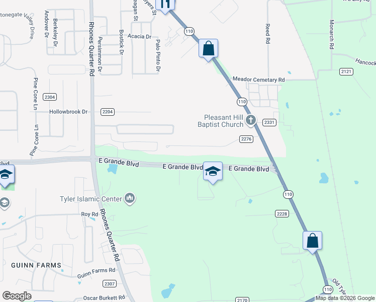 map of restaurants, bars, coffee shops, grocery stores, and more near 8748 Pleasant Hill Circle in Tyler