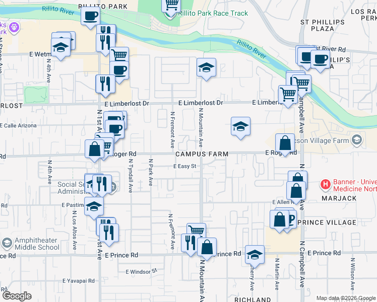 map of restaurants, bars, coffee shops, grocery stores, and more near 1262 East Weimer Circle in Tucson