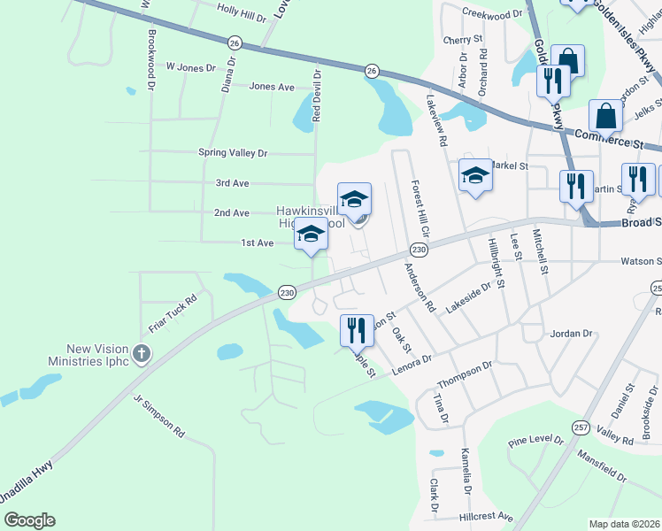 map of restaurants, bars, coffee shops, grocery stores, and more near 8 Red Devil Drive in Hawkinsville